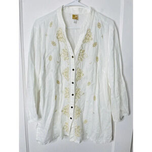 JM Collection Linen Blouse 16 Boho Embroidered Rhinestone Woven Vacation White